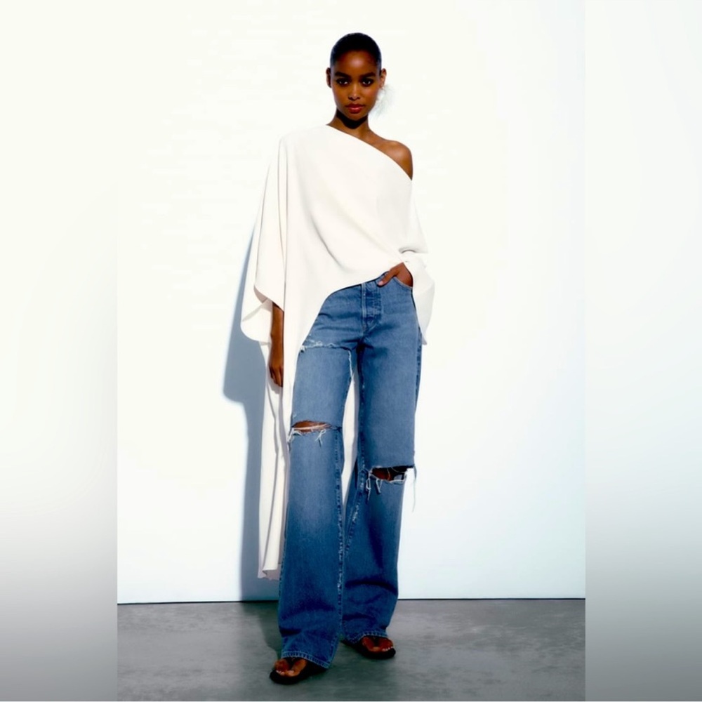 Zara White Asymmetric Cape Blouse | Size XS-S